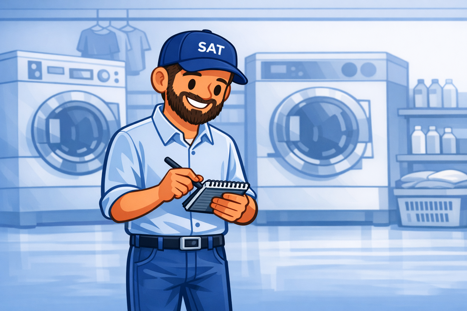 lavandería industrial con lavadoras y secadoras, estilo ilustración, tonos azules y amarillos